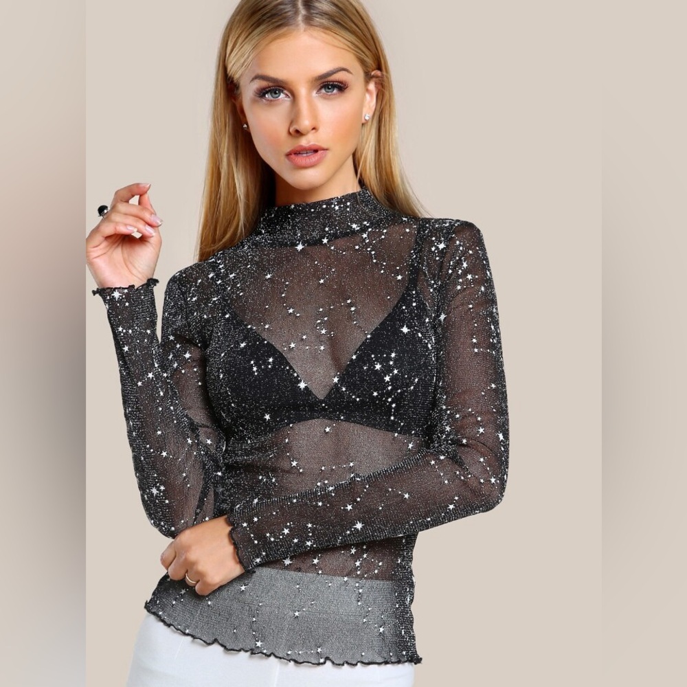 Glitter Mesh Sparkle Star Turtleneck Top